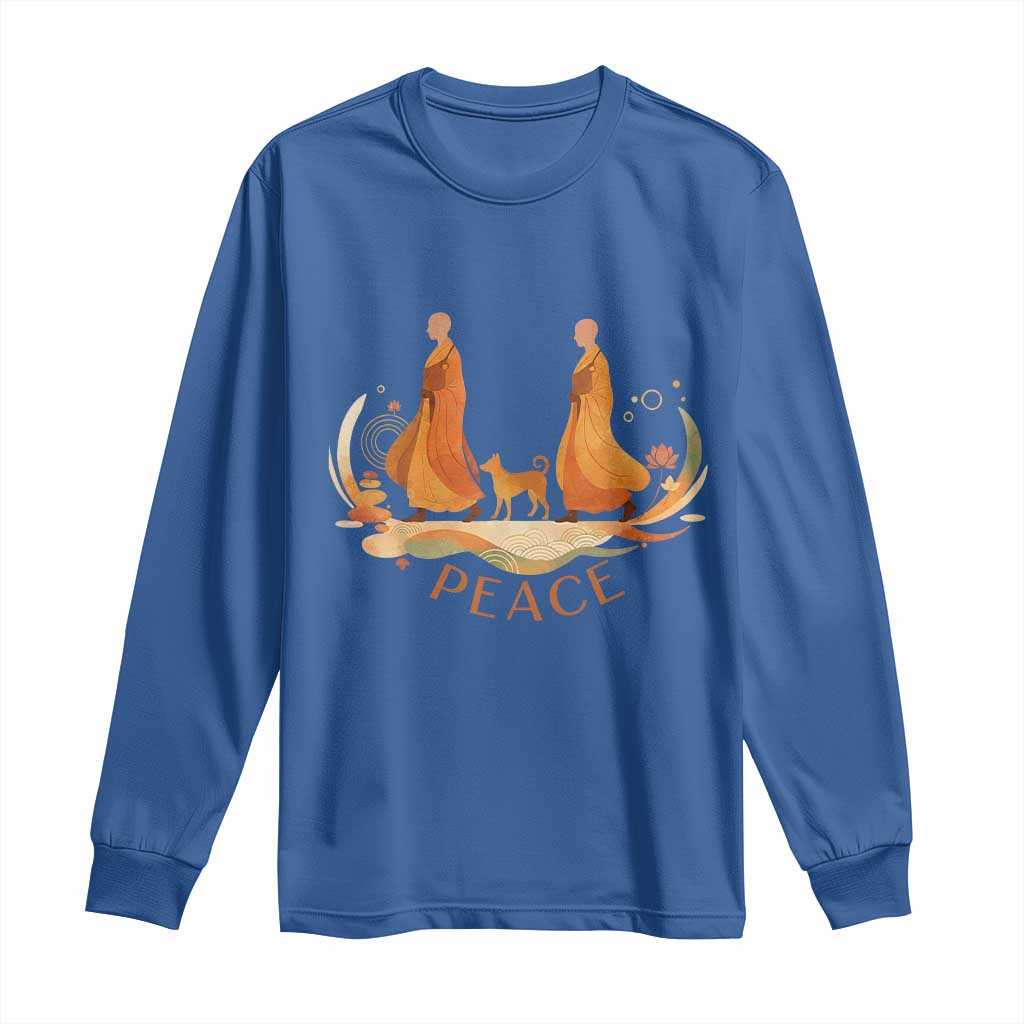 Peaceful Monks Walk with Aloka the Dog Long Sleeve Shirt Zen Art Buddhism Harmony - Wonder Print Shop