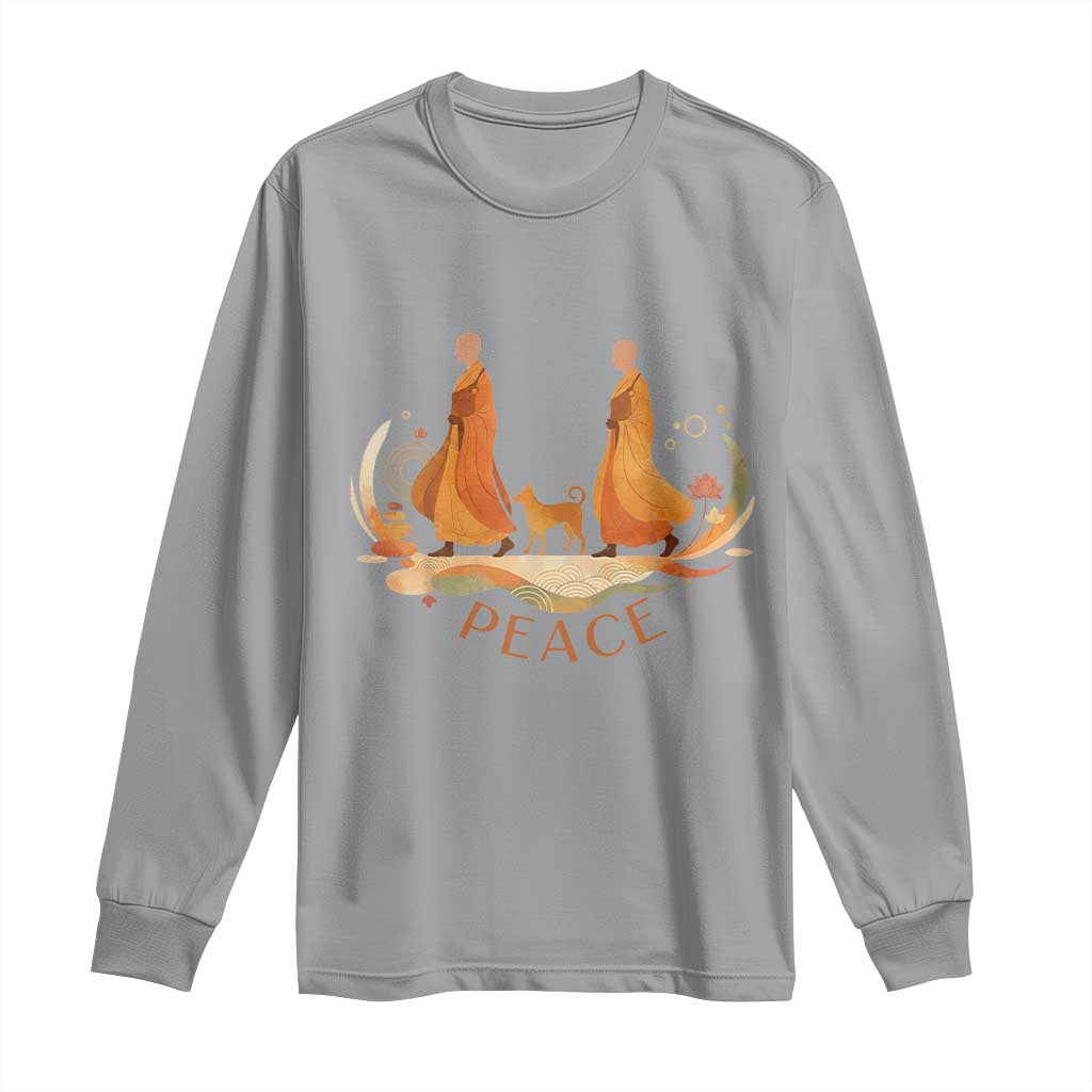 Peaceful Monks Walk with Aloka the Dog Long Sleeve Shirt Zen Art Buddhism Harmony - Wonder Print Shop