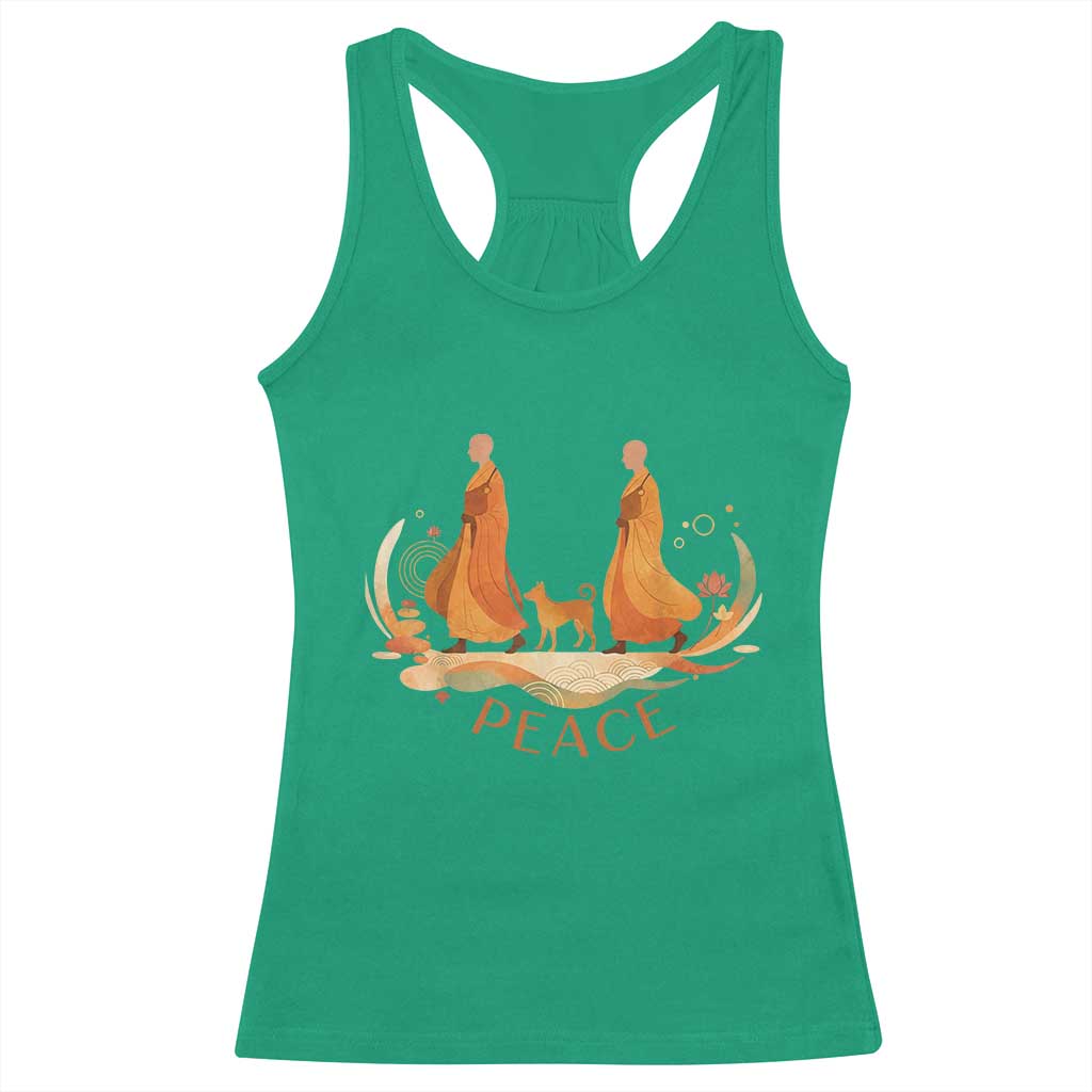 Peaceful Monks Walk with Aloka the Dog Racerback Tank Top Zen Art Buddhism Harmony - Wonder Print Shop