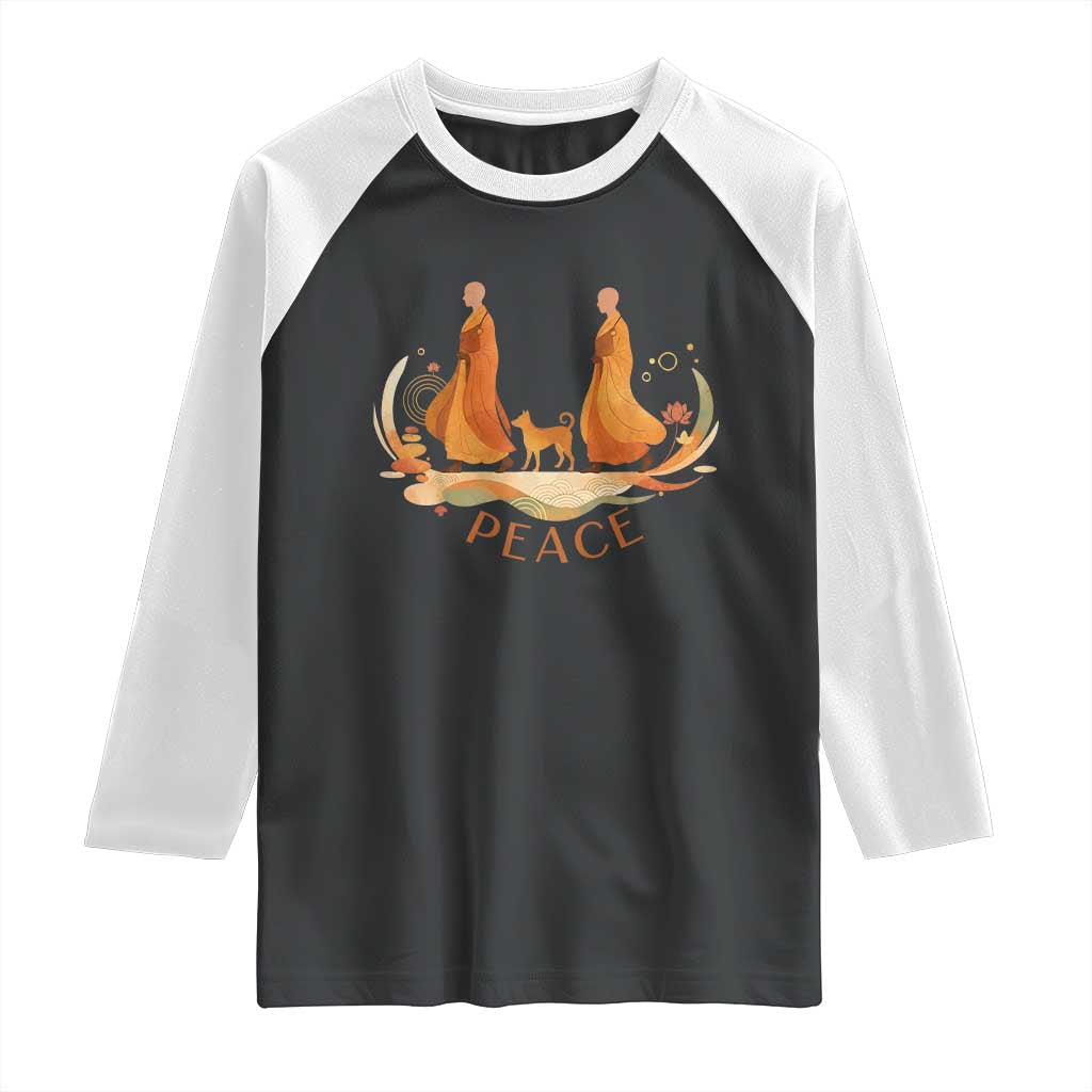 Peaceful Monks Walk with Aloka the Dog Raglan Shirt Zen Art Buddhism Harmony - Wonder Print Shop