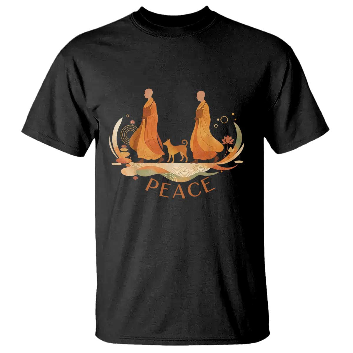 Peaceful Monks Walk with Aloka the Dog T Shirt Zen Art Buddhism Harmony - Wonder Print Shop