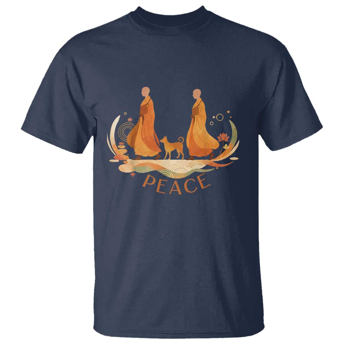 Peaceful Monks Walk with Aloka the Dog T Shirt Zen Art Buddhism Harmony - Wonder Print Shop