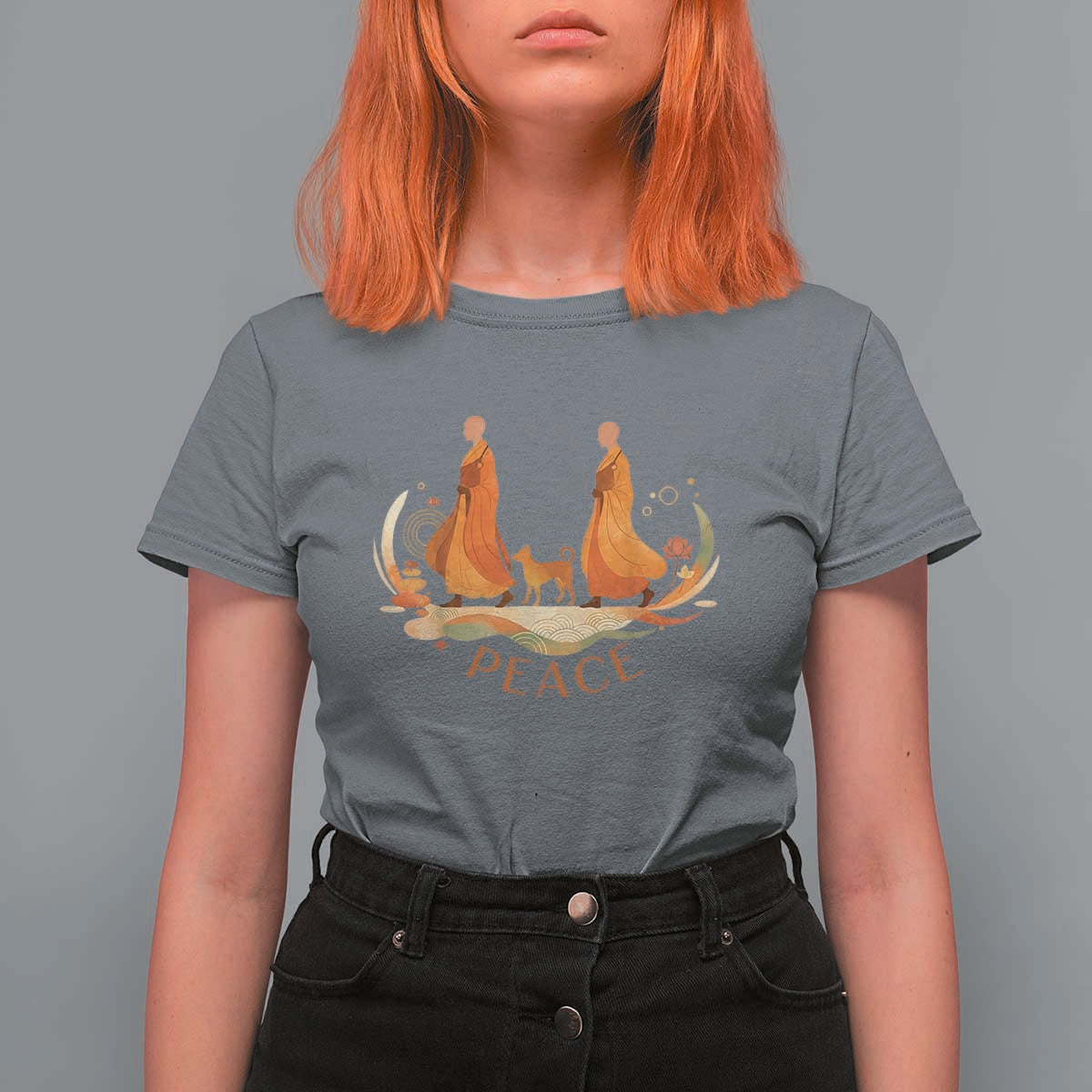 Peaceful Monks Walk with Aloka the Dog T Shirt For Women Zen Art Buddhism Harmony - Wonder Print Shop