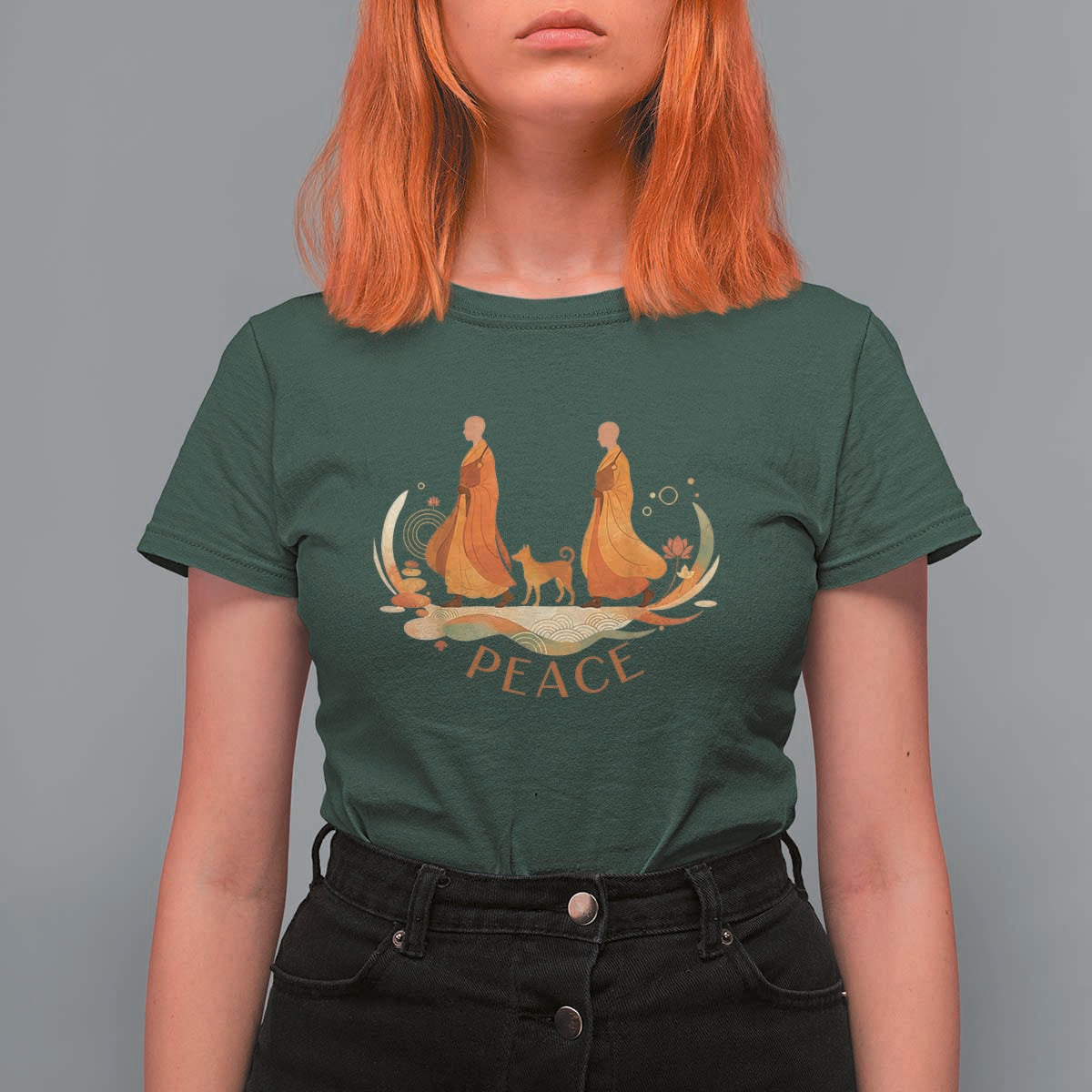 Peaceful Monks Walk with Aloka the Dog T Shirt For Women Zen Art Buddhism Harmony - Wonder Print Shop