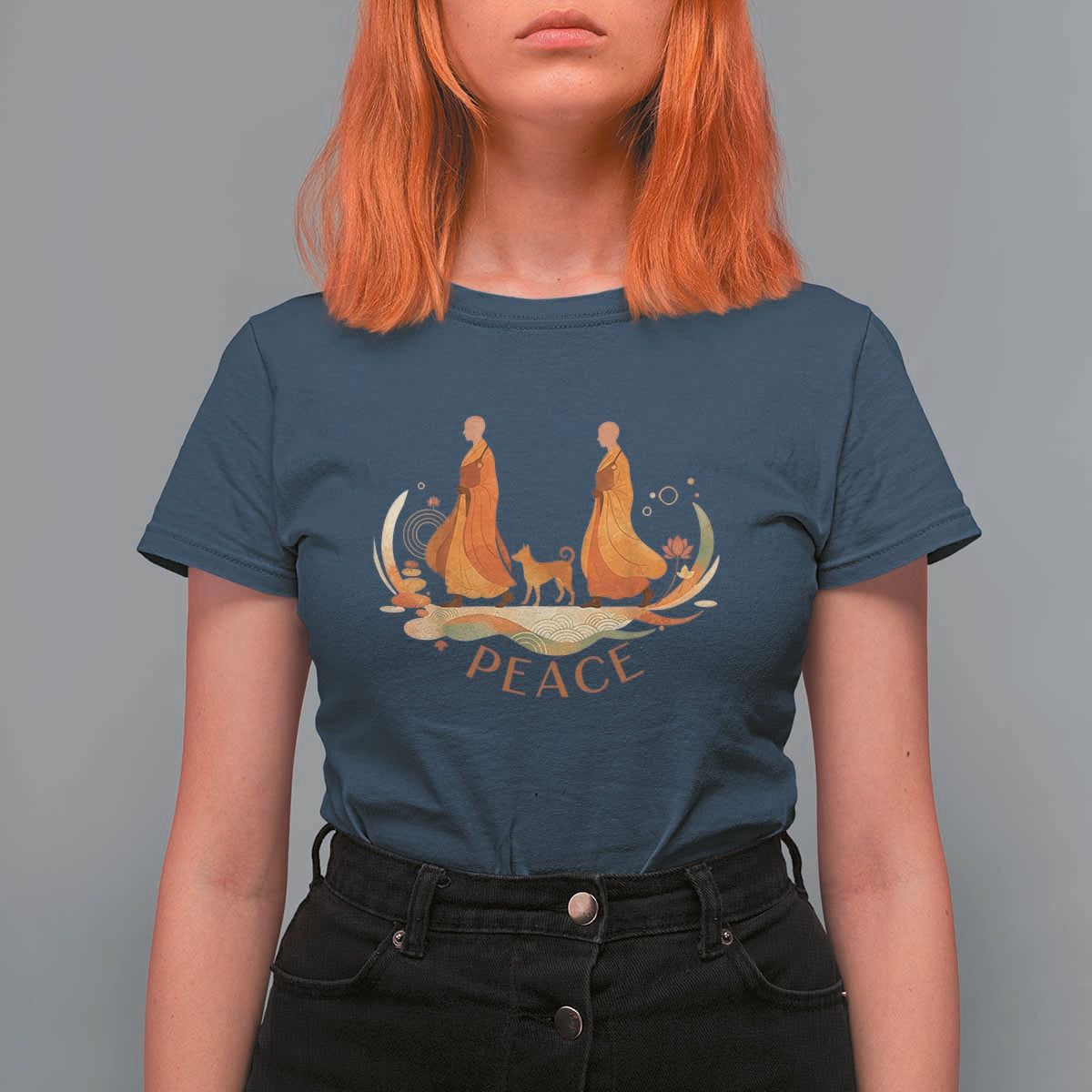Peaceful Monks Walk with Aloka the Dog T Shirt For Women Zen Art Buddhism Harmony - Wonder Print Shop
