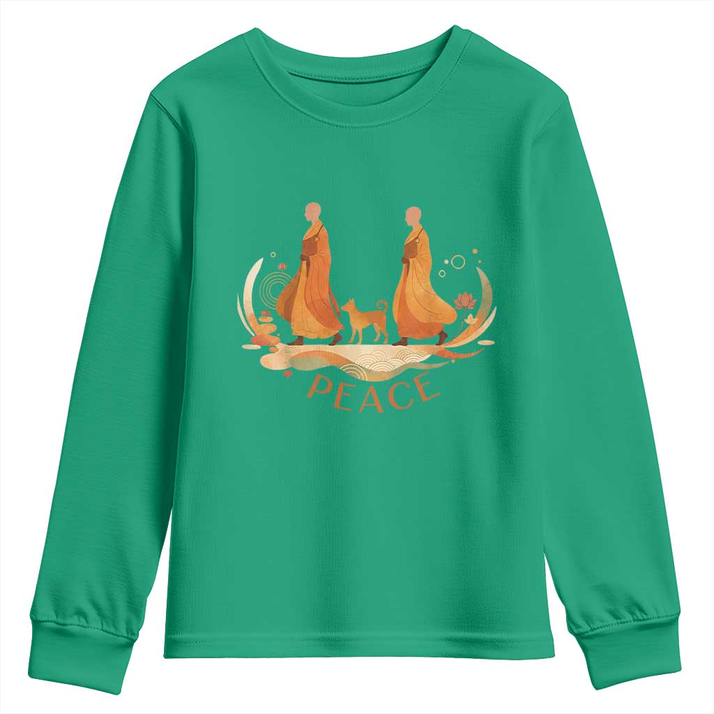 Peaceful Monks Walk with Aloka the Dog Youth Sweatshirt Zen Art Buddhism Harmony - Wonder Print Shop
