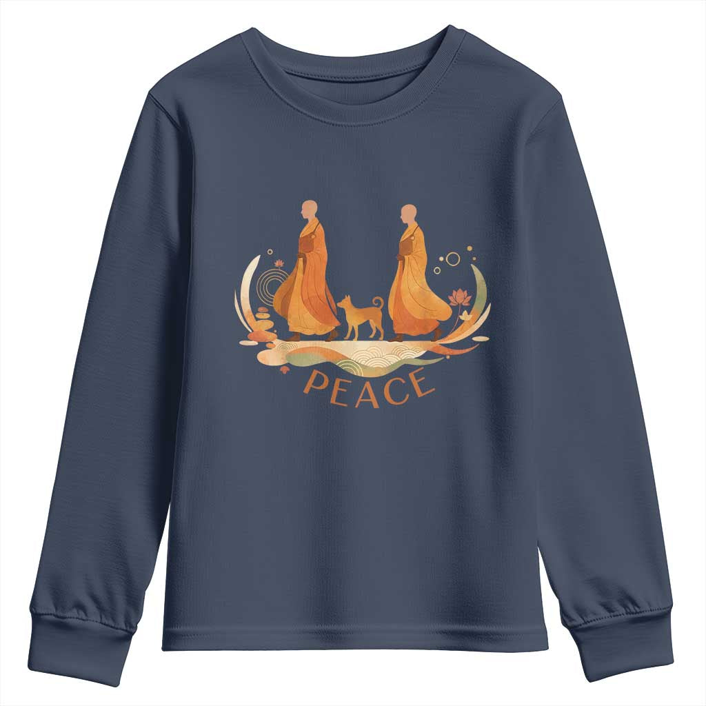 Peaceful Monks Walk with Aloka the Dog Youth Sweatshirt Zen Art Buddhism Harmony - Wonder Print Shop