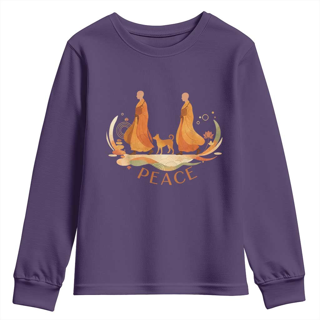 Peaceful Monks Walk with Aloka the Dog Youth Sweatshirt Zen Art Buddhism Harmony - Wonder Print Shop