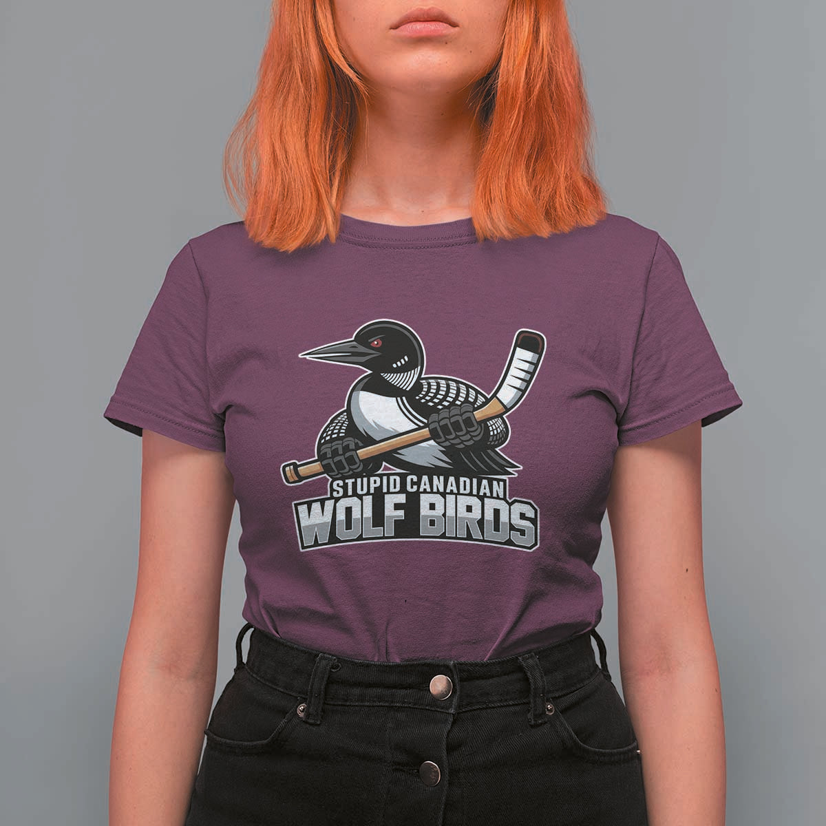 Stupid Canadian Wolf Birds T Shirt For Women Funny Common Loon Viral Hockey Romance - Wonder Print Shop