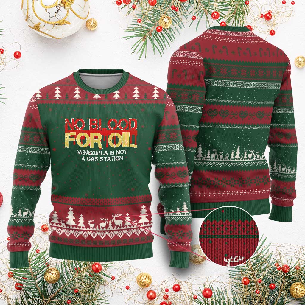 No Blood for Oil Ugly Christmas Sweater Venezuela Sovereignty Resource Justice - Wonder Print Shop