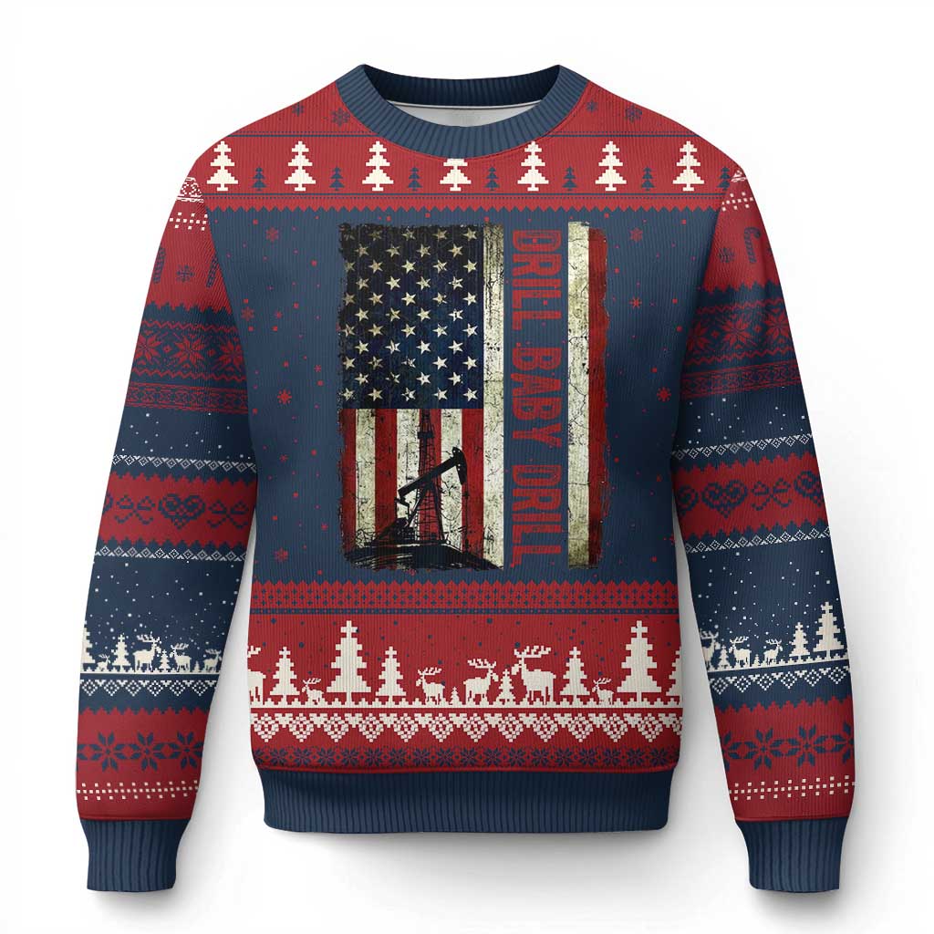 Drill Baby Drill American Flag Ugly Christmas Sweater Oil Rig Oildfield Energy Industry Patriot - Wonder Print Shop