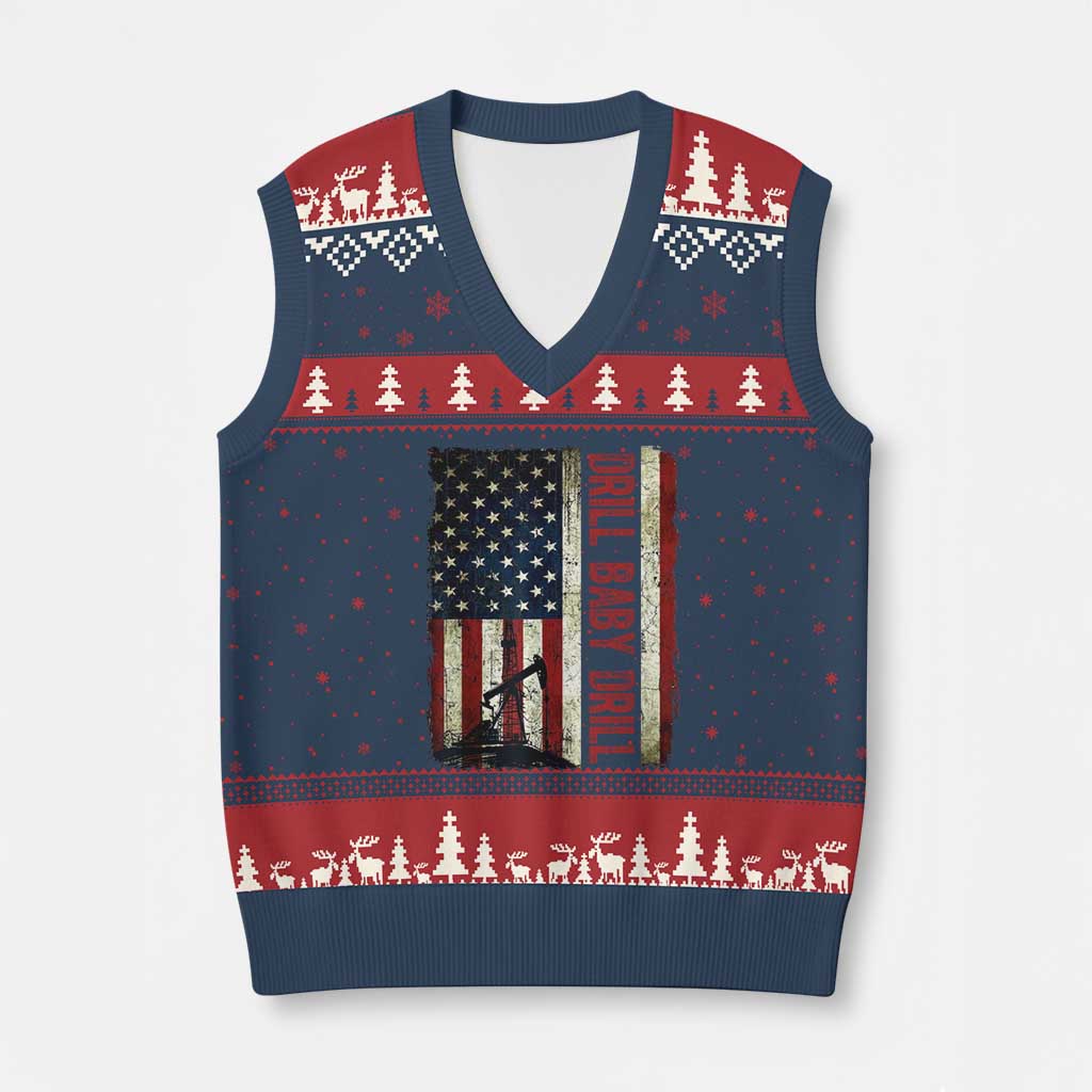 Drill Baby Drill American Flag V-Neck Knit Sweater Vest Oil Rig Oildfield Energy Industry Patriot - Wonder Print Shop