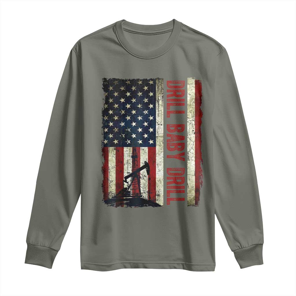 Drill Baby Drill American Flag Long Sleeve Shirt Oil Rig Oildfield Energy Industry Patriot - Wonder Print Shop