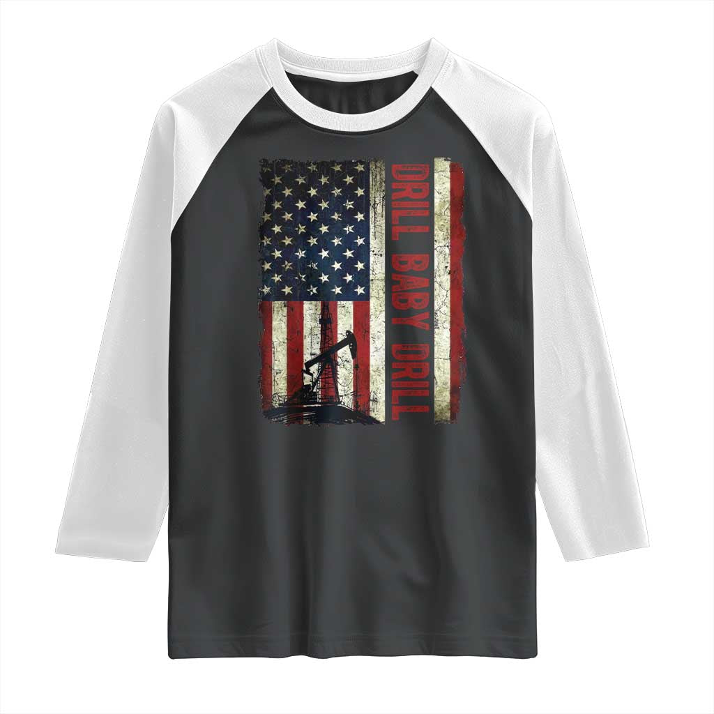 Drill Baby Drill American Flag Raglan Shirt Oil Rig Oildfield Energy Industry Patriot - Wonder Print Shop