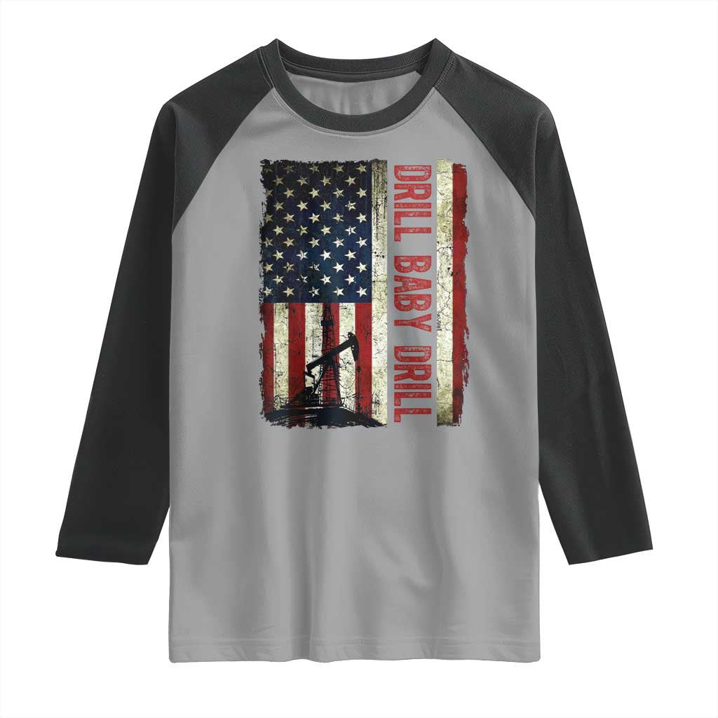 Drill Baby Drill American Flag Raglan Shirt Oil Rig Oildfield Energy Industry Patriot - Wonder Print Shop