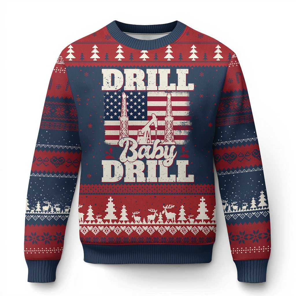 Drill Baby Drill American Flag Ugly Christmas Sweater Retro Oilfield Oil Rig Patriot - Wonder Print Shop