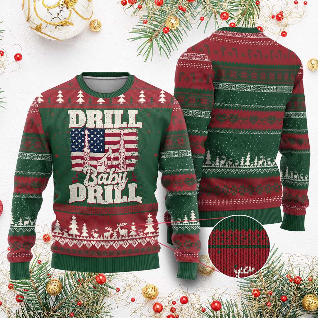 Drill Baby Drill American Flag Ugly Christmas Sweater Retro Oilfield Oil Rig Patriot - Wonder Print Shop