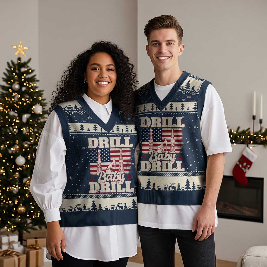Drill Baby Drill American Flag V-Neck Knit Sweater Vest Retro Oilfield Oil Rig Patriot - Wonder Print Shop