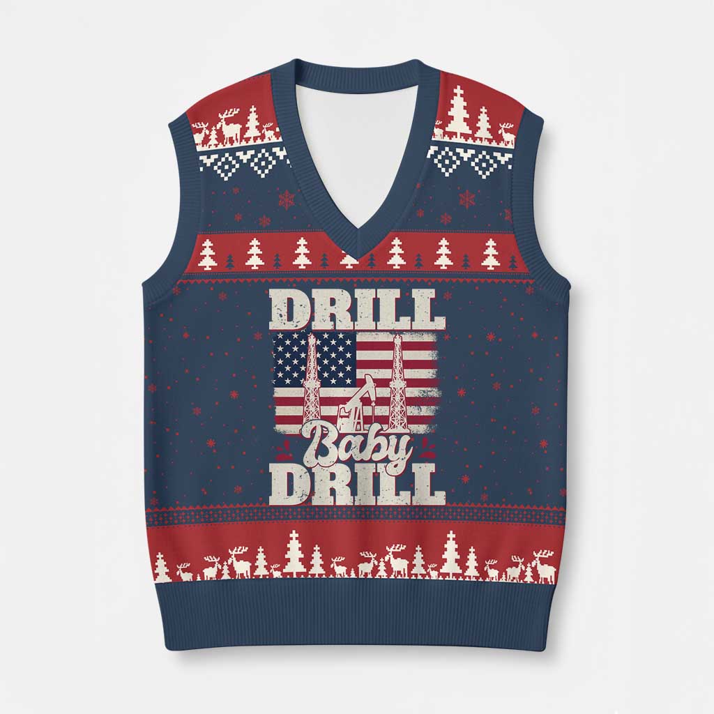 Drill Baby Drill American Flag V-Neck Knit Sweater Vest Retro Oilfield Oil Rig Patriot - Wonder Print Shop