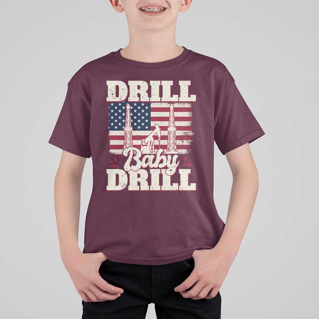 Drill Baby Drill American Flag T Shirt For Kid Retro Oilfield Oil Rig Patriot - Wonder Print Shop