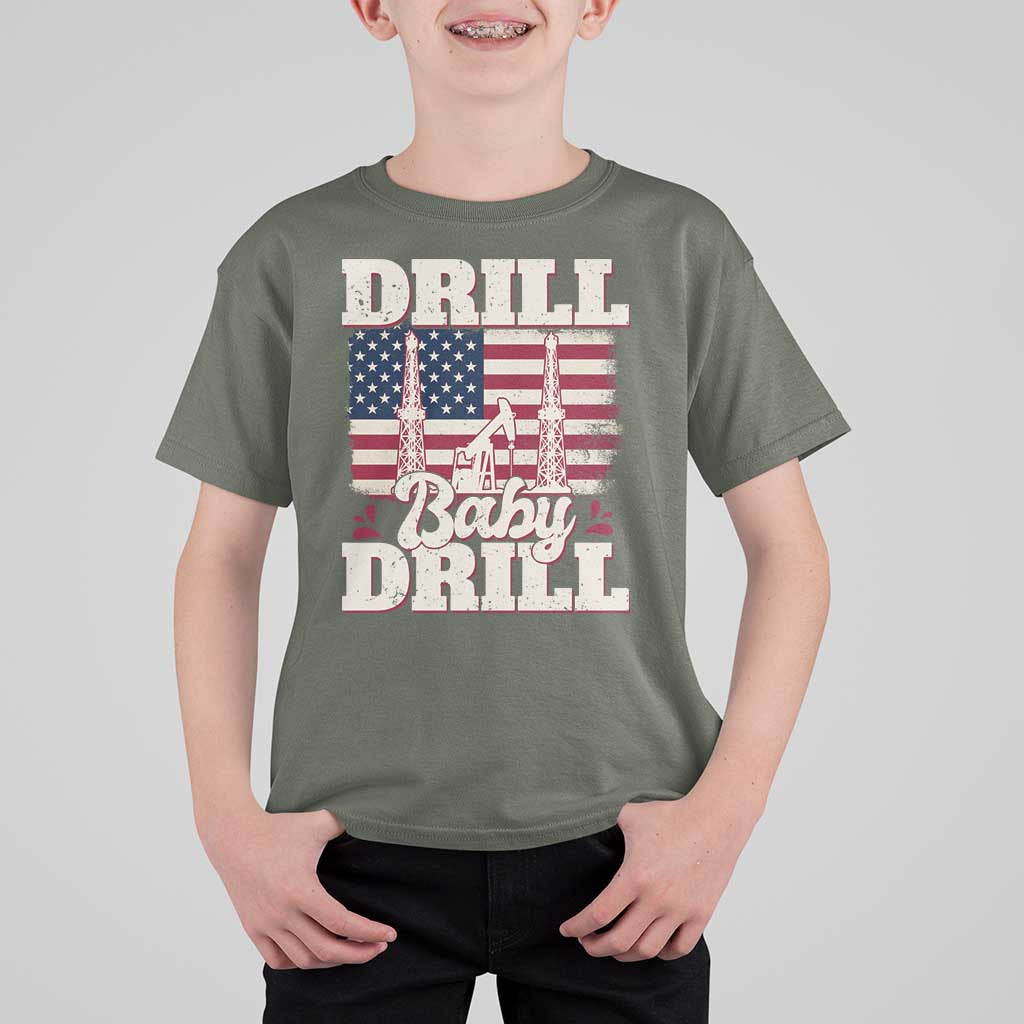 Drill Baby Drill American Flag T Shirt For Kid Retro Oilfield Oil Rig Patriot - Wonder Print Shop