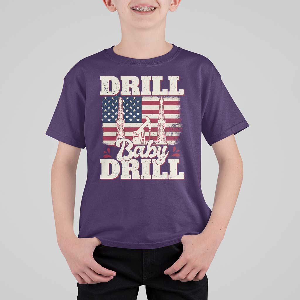 Drill Baby Drill American Flag T Shirt For Kid Retro Oilfield Oil Rig Patriot - Wonder Print Shop