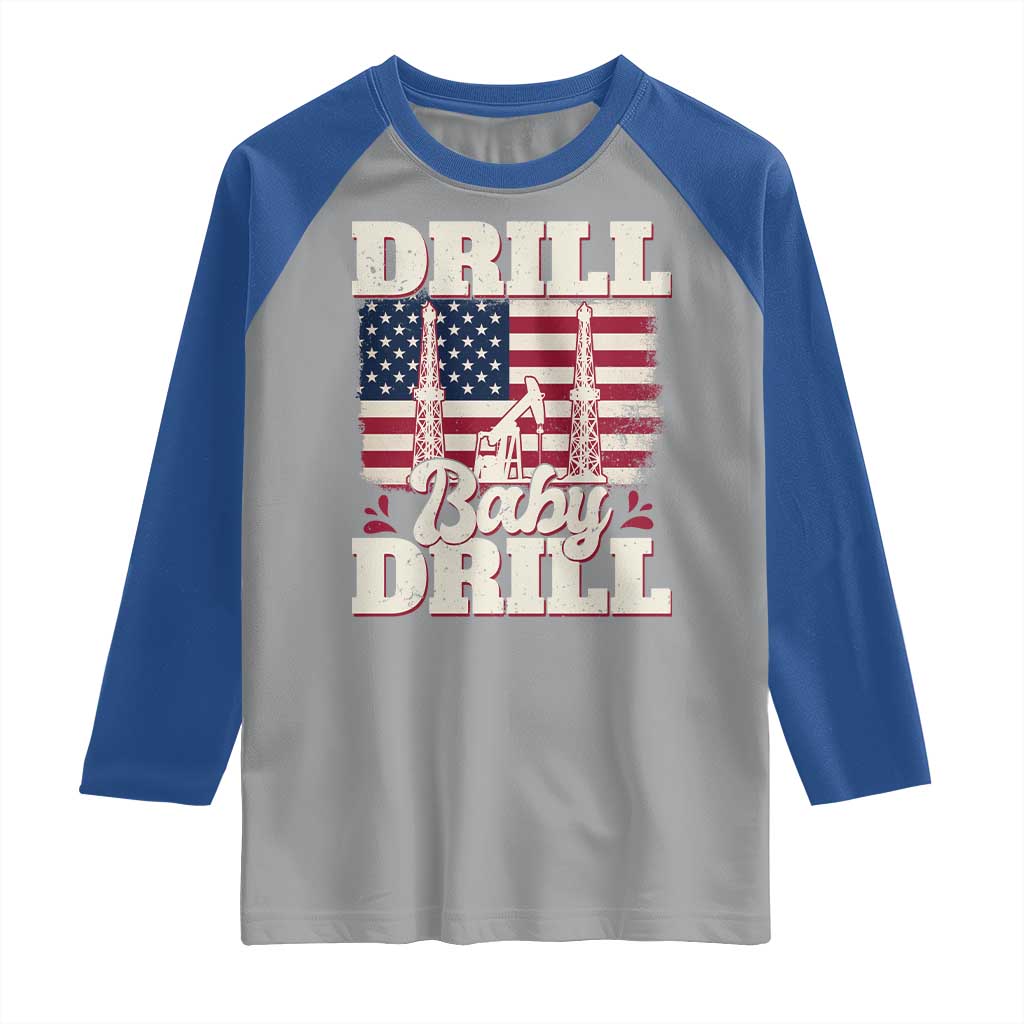 Drill Baby Drill American Flag Raglan Shirt Retro Oilfield Oil Rig Patriot - Wonder Print Shop