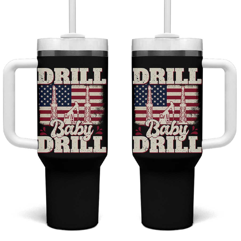Drill Baby Drill American Flag Tumbler With Handle Retro Oilfield Oil Rig Patriot - Wonder Print Shop