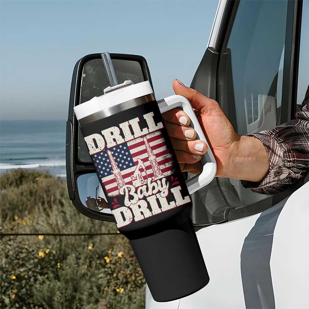 Drill Baby Drill American Flag Tumbler With Handle Retro Oilfield Oil Rig Patriot - Wonder Print Shop
