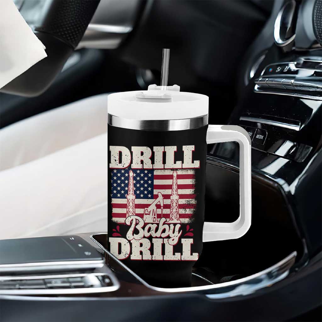Drill Baby Drill American Flag Tumbler With Handle Retro Oilfield Oil Rig Patriot - Wonder Print Shop