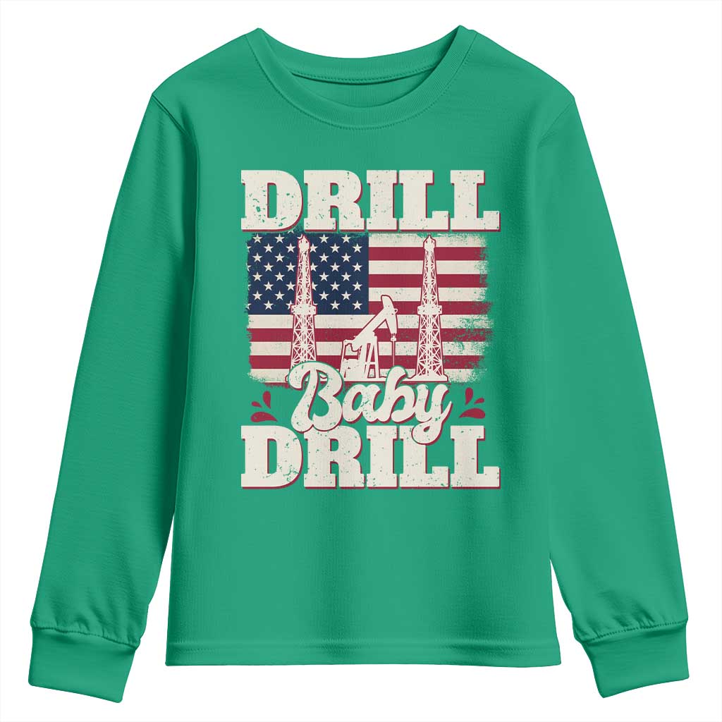 Drill Baby Drill American Flag Youth Sweatshirt Retro Oilfield Oil Rig Patriot - Wonder Print Shop