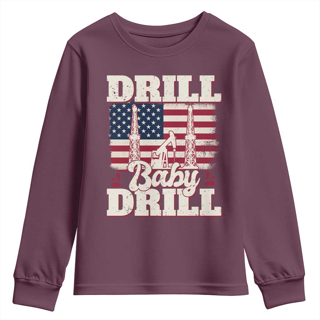 Drill Baby Drill American Flag Youth Sweatshirt Retro Oilfield Oil Rig Patriot - Wonder Print Shop