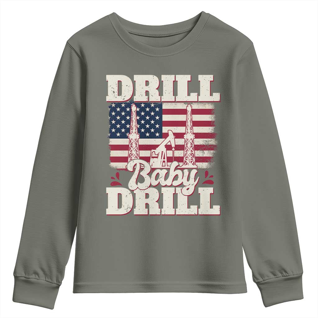 Drill Baby Drill American Flag Youth Sweatshirt Retro Oilfield Oil Rig Patriot - Wonder Print Shop