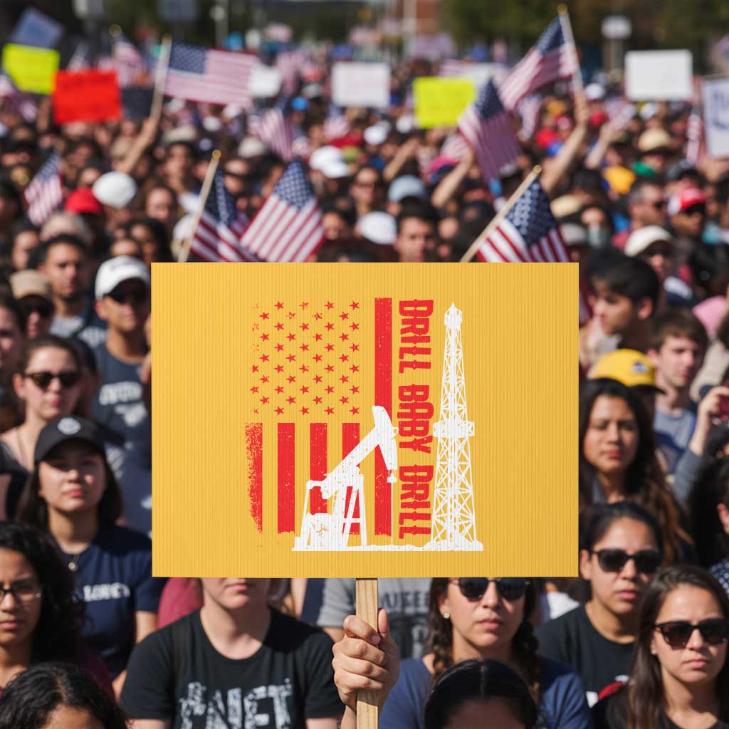 Drill Baby Drill American Flag Protest Sign Distressed Oil Rig Oildfield Energy Industry