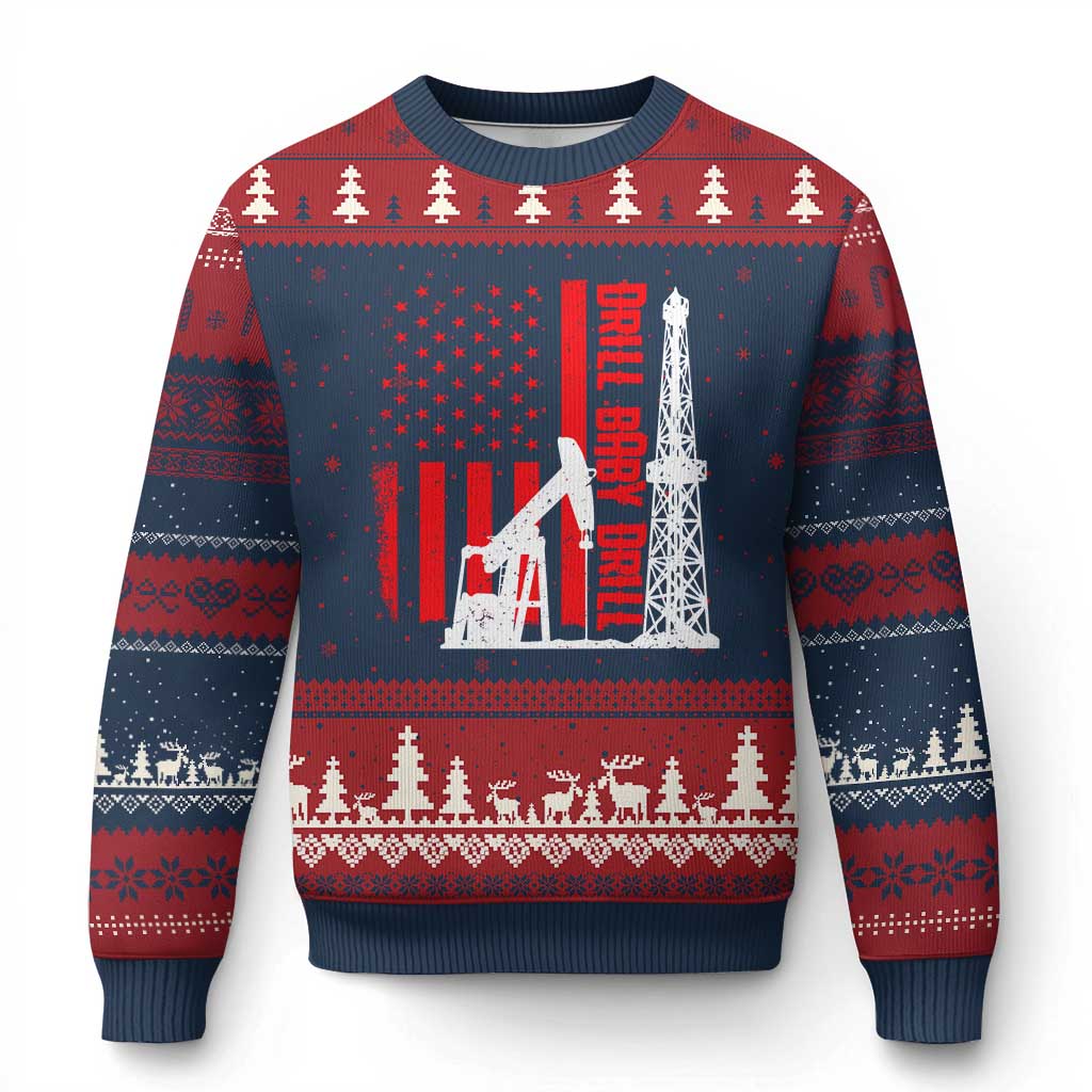 Drill Baby Drill American Flag Ugly Christmas Sweater Distressed Oil Rig Oildfield Energy Industry - Wonder Print Shop