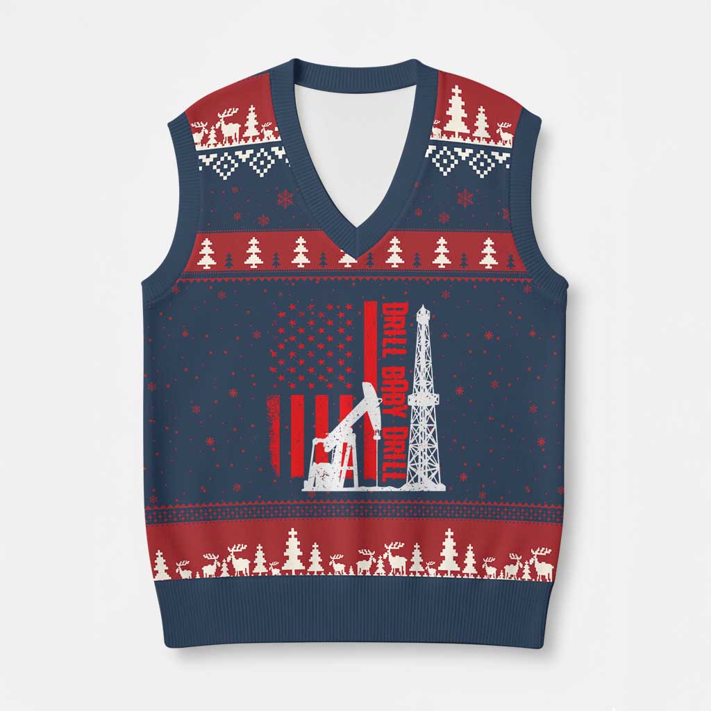 Drill Baby Drill American Flag V-Neck Knit Sweater Vest Distressed Oil Rig Oildfield Energy Industry - Wonder Print Shop