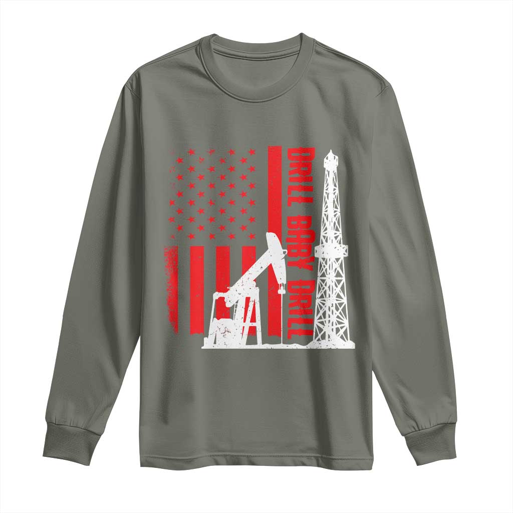 Drill Baby Drill American Flag Long Sleeve Shirt Distressed Oil Rig Oildfield Energy Industry - Wonder Print Shop