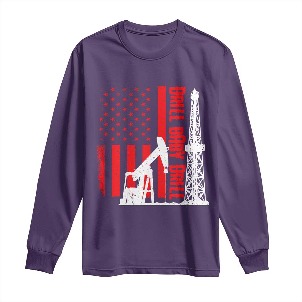 Drill Baby Drill American Flag Long Sleeve Shirt Distressed Oil Rig Oildfield Energy Industry - Wonder Print Shop