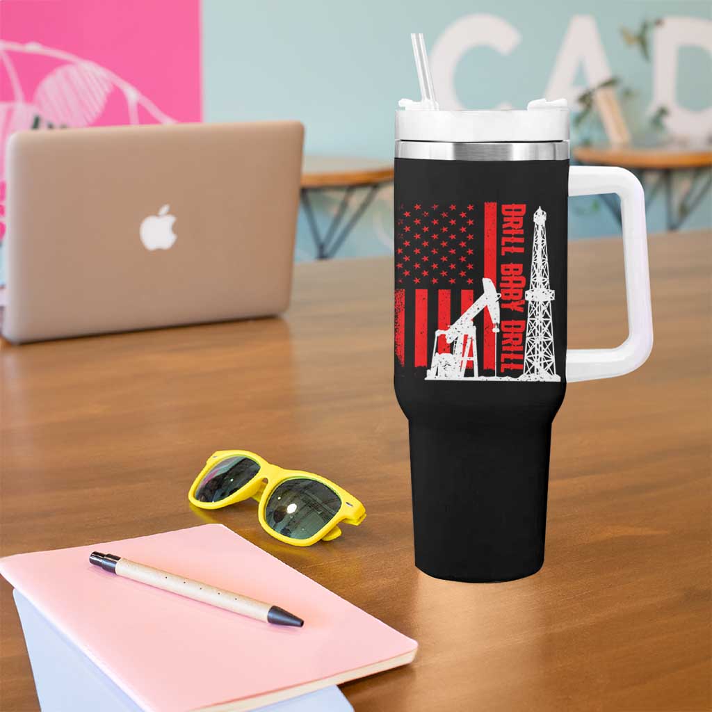 Drill Baby Drill American Flag Tumbler With Handle Distressed Oil Rig Oildfield Energy Industry - Wonder Print Shop