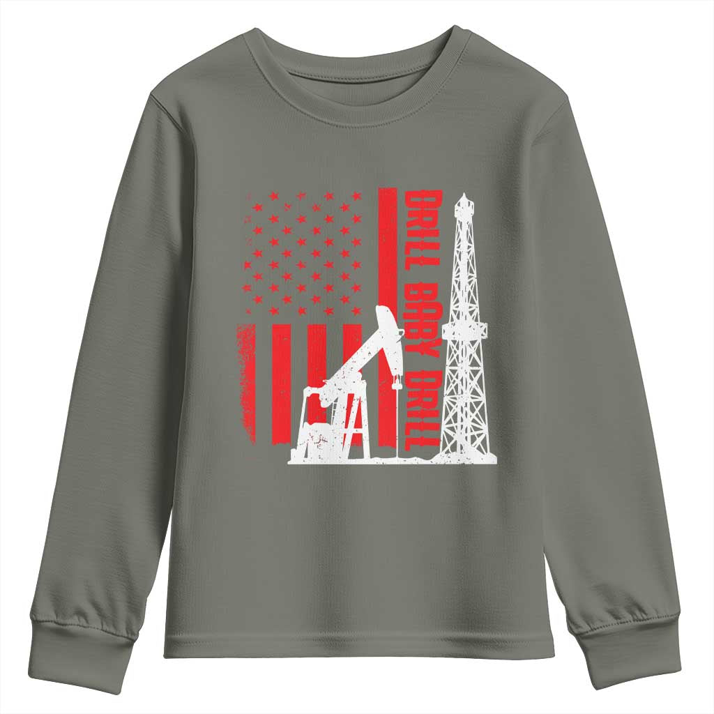 Drill Baby Drill American Flag Youth Sweatshirt Distressed Oil Rig Oildfield Energy Industry - Wonder Print Shop