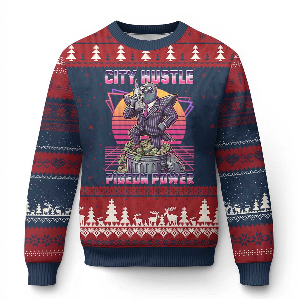 Retro City Hustle Pigeon Power Ugly Christmas Sweater Funny 80s Style Money Bird Gangsta - Wonder Print Shop