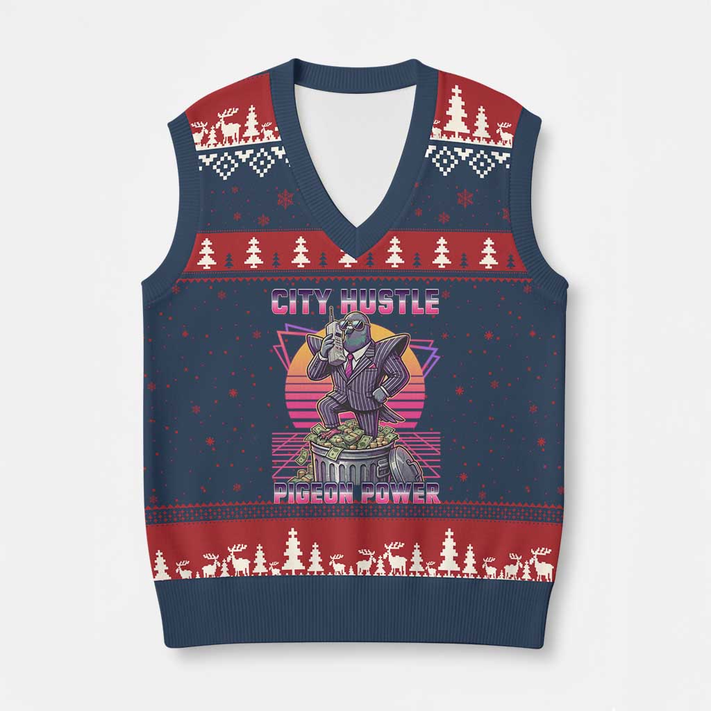 Retro City Hustle Pigeon Power V-Neck Knit Sweater Vest Funny 80s Style Money Bird Gangsta - Wonder Print Shop
