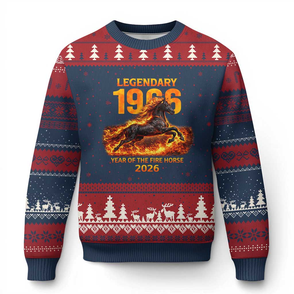 Legendary 1966 Year of the Fire Horse Ugly Christmas Sweater Fiery 2026 Zodiac Birthday Gift - Wonder Print Shop
