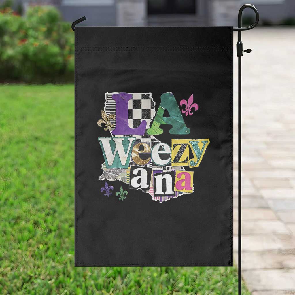 Colorful La-Weezi-ana Mardi Gras Louisiana Pride Garden Flag Funky Carnival Vibes