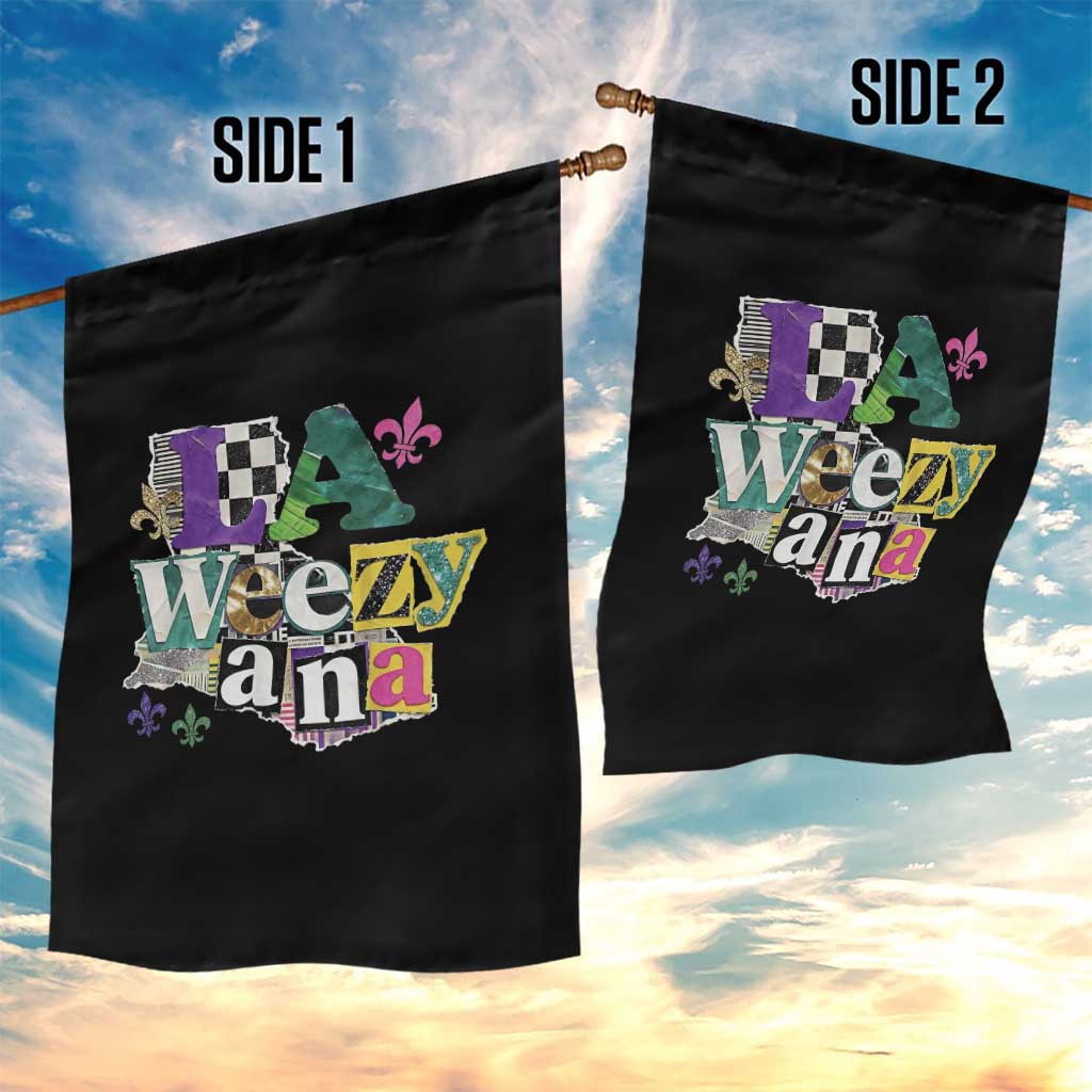 Colorful La-Weezi-ana Mardi Gras Louisiana Pride Garden Flag Funky Carnival Vibes