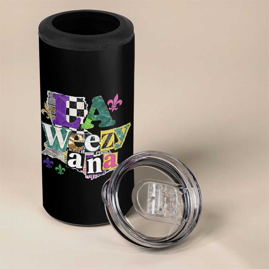 Colorful La-Weezi-ana Mardi Gras Louisiana Pride 4 in 1 Can Cooler Tumbler Funky Carnival Vibes