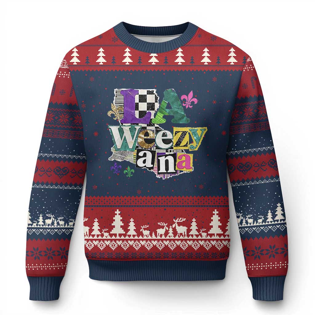 Colorful La-Weezi-ana Mardi Gras Louisiana Pride Ugly Christmas Sweater Funky Carnival Vibes