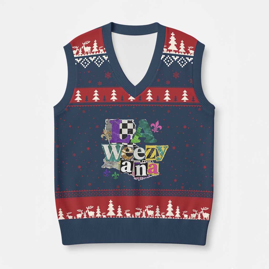 Colorful La-Weezi-ana Mardi Gras Louisiana Pride V-Neck Knit Sweater Vest Funky Carnival Vibes