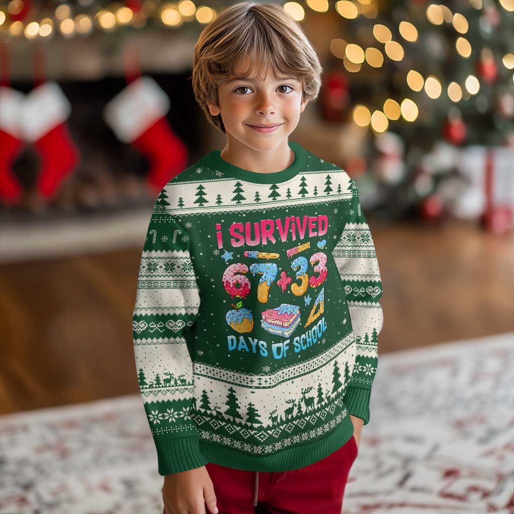 I Survived 67 Plus 33 100 Days of School Ugly Christmas Sweater Six Seven Meme Colorful Math Humor - Wonder Print Shop