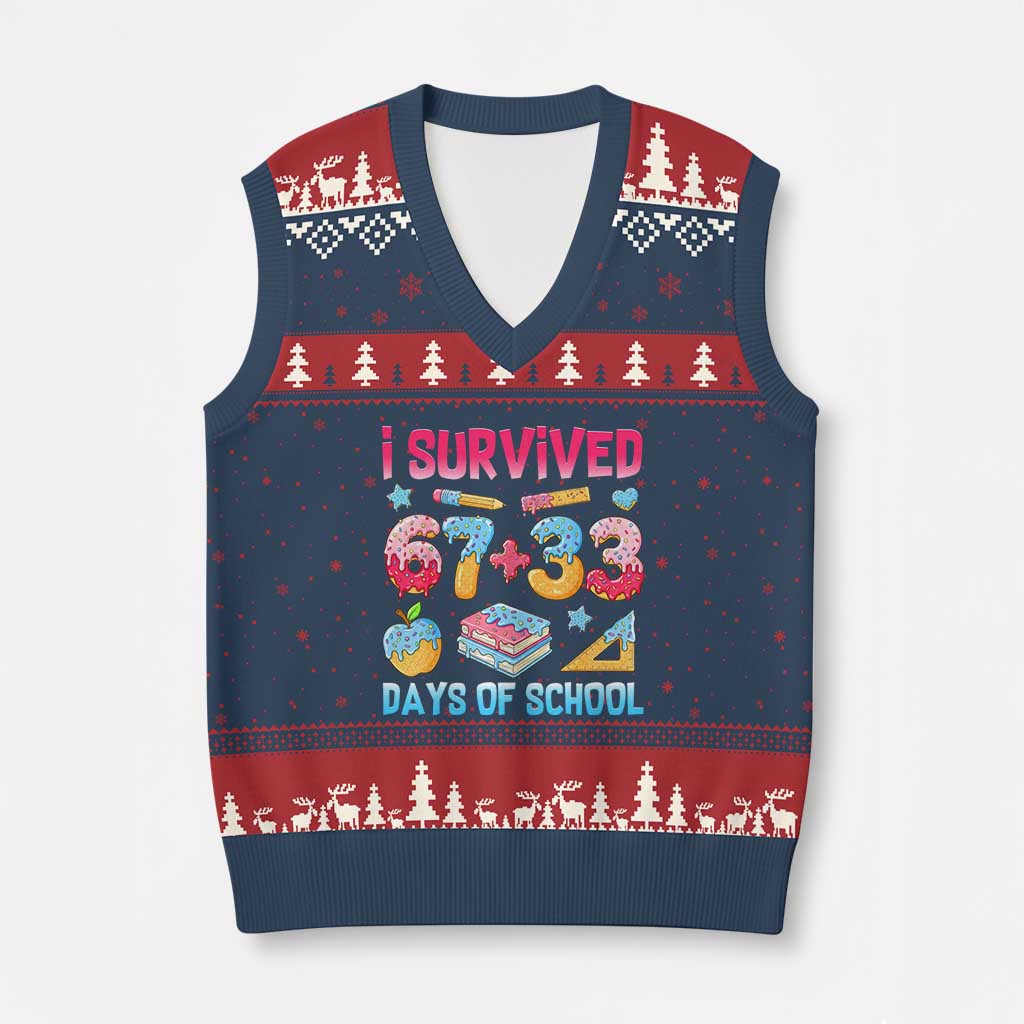 I Survived 67 Plus 33 100 Days of School V-Neck Knit Sweater Vest Six Seven Meme Colorful Math Humor - Wonder Print Shop